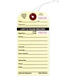 Étiquettes personnalisées pour objets perdus <span class=keywords><strong>et</strong></span> retrouvés avec cordon élastique, imprimées en noir sur papier manila non couché avec numérotation consécutive rouge. - Product Image 1