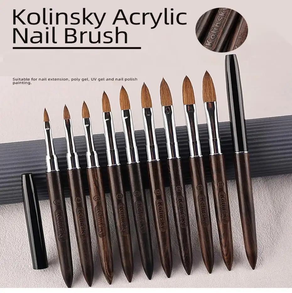 Custom Private Logo Wooden Handle Thin Pure Kolinsky Hair Professional Acrylic Nail Polish Brush Nail Art Painting Pen