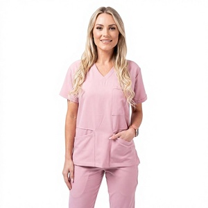 Conjunto de Uniforme Médico para Mujer, Cuello en V, Color Rosa, Tela Elástica Ligera de Alta Calidad, con Detección de Agujas, Manga Corta, para Hospital - Product Image 1