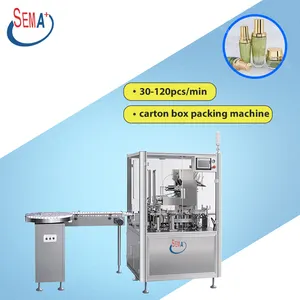 Máquina de embalagem automática vertical para garrafas e recipientes cosméticos, tubo horizontal, caixa de papelão, 120 unidades/min