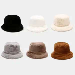 Mulheres Aba Larga Chapéu de Inverno do Velo Do Falso Fofo Cabeça Warmer Plush Fur Bucket Chapéus Chapéus de Inverno para As Mulheres