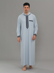 เสื้อคลุมผู้ชายสีฟ้าอ่อนมีฮู้ด แขนยาว ปักลาย โพลีเอสเตอร์ สวมใส่สบายๆ ทุกวัน สไตล์ตะวันออกกลาง ป้องกันไฟฟ้าสถิต - Product Image 1