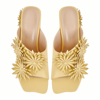 Sandal Wanita Model Mules Hak Blok Bunga, Ujung Persegi, Slip On, untuk Musim Panas
