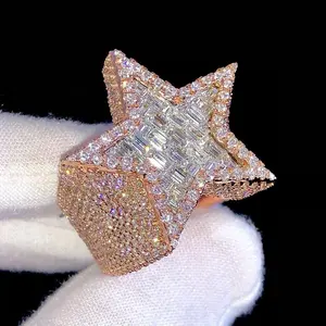 AAA Gems Men's Sterling Silver 925 Iced Out Star Ring Moissanite Diamond Ring White Gold Hip Hop Designer Custom Ring