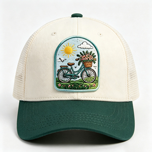 Casquette de baseball six panneaux à visière incurvée en coton délavé bicolore, avec patch brodé motif floral paysager, pour loisirs et activités de plein air - Product Image 2