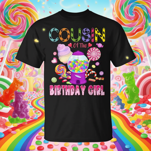 T-shirt Cousin Of The Birthday Girl Candyland pour adulte, unisexe, manches courtes, col rond, impression numérique, fête, réunion de famille - Product Image 2
