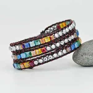 Poya Wholesale Multi-Layer Colorful Crystal Alloy Beads Handmade Cowhide Woven Retro Bohemian Style Winding Bracelet