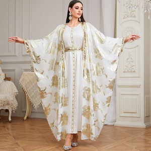 Abaya modeste musulmane transfrontalière du Moyen-Orient, ensemble deux pièces perlé, imprimé estampé or, <span class=keywords><strong>robe</strong></span> de soirée longue - Product Image 4