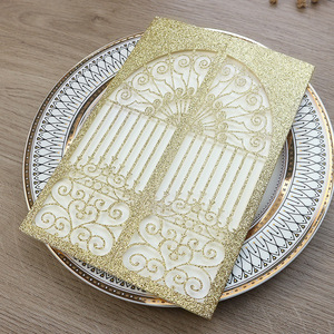 Vente en gros de papier oignon doré découpé au laser Invitations de mariage de luxe Porte du bonheur cartes d'<span class=keywords><strong>invitation</strong></span> de mariage personnalisées - Product Image 1