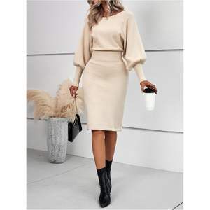 เดรสไหมพรมผู้หญิงทรงเข้ารูป คอวี แขนบิชอป เอวธรรมชาติ สไตล์ลำลอง - Product Image 4