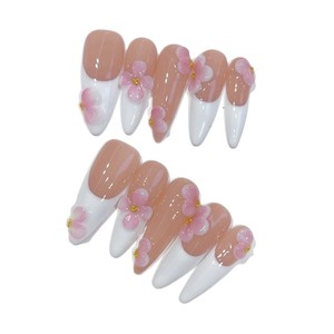Ongles artificiels 3D faits à la main en France, longs, forme stiletto, motif floral, emballage personnalisé - Product Image 6