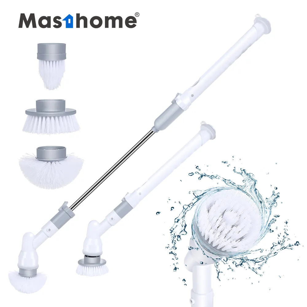 Masthome Long Handle power scrubber rechargeable Electric Cleaning Brush with 3 Replaceable Brush Heads