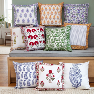 PRABHAVA Hand Block Printed Bohemian Vintage Floral 400TC Cotton Throw <b>Pillow</b> Cover 16x16 <b>Square</b> Zipper Closure Washable Decor - Product Image 2