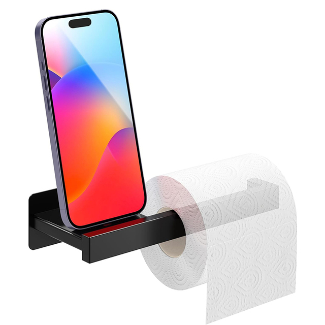 2 in 1 Paper Towel Dispenser No Drilling Black Toilet Paper Shelf Toilet Paper Holder Waterproof with Mobile Phone Shelf