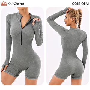 Người phụ nữ liền mạch gân <span class=keywords><strong>unitard</strong></span> kiểm soát cơ thể onesie dây kéo axit rửa đơn lớp thể dục bodysuit phòng tập thể dục Jumpsuit quần short - Product Image 2
