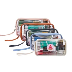 Bolsa de tela PU impermeable con etiqueta personalizada, bolsa de cosméticos de maquillaje transparente de viaje