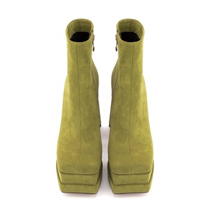 Botas cortas de cuero de ante hechas a mano para mujer, zapatos de tacón alto grueso con plataforma y punta cuadrada, cremallera lateral en el tobillo, color sólido, talla 43 - Product Image 6