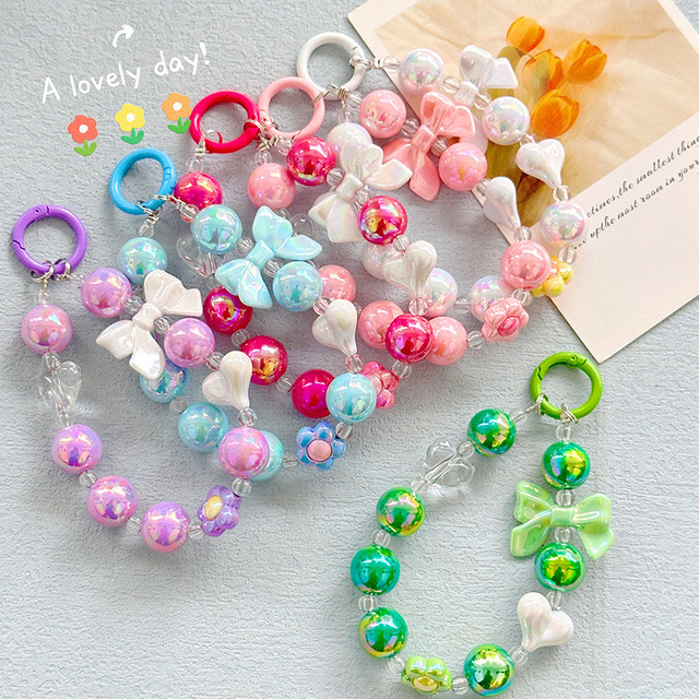 New Color Plated Cartoon Anime Acrylic Flower Beaded Mobile Phone Chain Creative Bow Car Keychain Headphone Bag Pendant