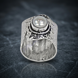 Anillo de Cóctel de Plata 925 Art Palace con Bisel de Perla Sintética Blanca, Estilo Bohemia, Unisex, para Uso Diario - Product Image 1