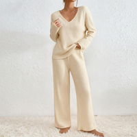 Ensemble décontracté 2 pièces pour femme : pull côtelé uni à col en V et pantalon ample à manches longues – Survêtement de haute qualité