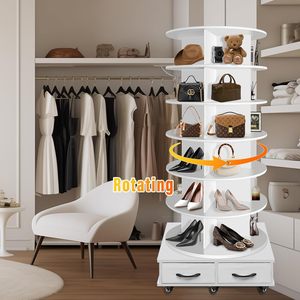 La <span class=keywords><strong>tour</strong></span> rotative <span class=keywords><strong>à</strong></span> 7 niveaux pour chaussures contient 2 tiroirs, 360 supports <span class=keywords><strong>à</strong></span> chaussures tournants, carrousel rond de stockage, équipé de 5 roues - Product Image 6