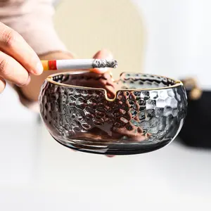Hot Selling Japanese Style Hammer Pattern Creative Simple Colorful Gold Edge Round Glass Ashtray