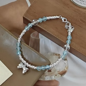 S925 สร้อยข้อมือคริสตัลอะความารีนสีเงินรูปโบว์สำหรับผู้หญิงเครื่องประดับสวมใส่ทุกวัน - Product Image 5
