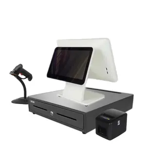餐厅折叠式单/双屏POS支付机收银台，带电容式触摸屏打印机1D/2D扫描仪