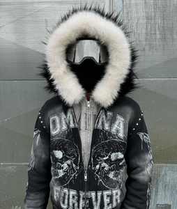 맞춤 로고 디지털 프린트 스트리트웨어 프렌치 테리 코튼 크롭 그래픽 애시드 워시드 지퍼업 페이크 퍼 후드 후디 남성용 - Product Image 1