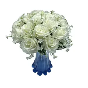 BS0090 популярный новый дизайн романтическое свадебное украшение 18 голов белые розы искусственные шелковые цветы букет