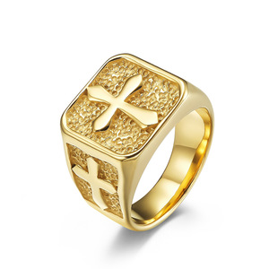 Men's Gold Cross <b>Ring</b> Stainless Steel Square Design European Style Jewelry Gift - Product Image 1