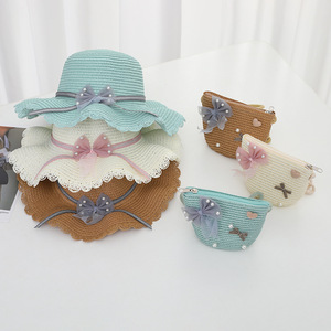 2024 Mùa Hè Trẻ Em Bow Ngọc Trai Ribbon Mũ Cô Gái Bãi Biển Rơm Mũ + Túi Thiết Lập - Product Image 3