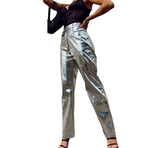 <span class=keywords><strong>Pantaloni</strong></span> da <span class=keywords><strong>donna</strong></span> a gamba dritta a vita alta in similpelle lucida color argento metallizzato, stile denim a gamba larga con tasche a vita media - Product Image 5