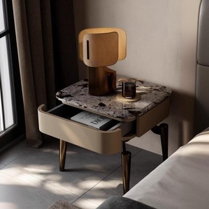 Mesa de <span class=keywords><strong>Noche</strong></span> Moderna y Minimalista de Acero Inoxidable Multifuncional con Superficie de Piedra, Mueble para Dormitorio - Product Image 1