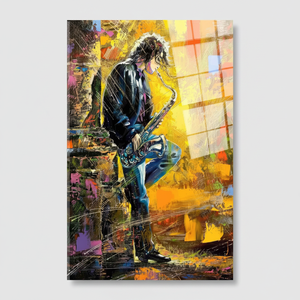 Impresión en lienzo de vidrio artístico con diseño de saxofón de jazz moderno - Decoración elegante para sala de música, arte en vidrio templado - Product Image 2