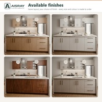 Meuble de cuisine stratifié au design luxueux, configuration îlot, unités modulaires, boîtes en panneaux de particules et tiroirs à fermeture amortie