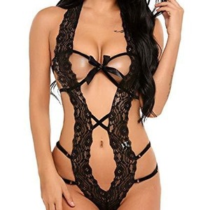 Lencería <span class=keywords><strong>sexy</strong></span> y atrevida: Body de encaje con cuello halter y aberturas, con almohadillas de control ligero en el pecho, lavable a máquina (Multicolor Negro/Rojo) - Product Image 1