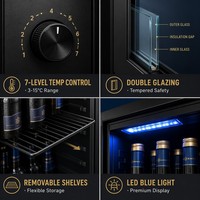 Mini-réfrigérateur avec porte en verre, noir piano, verre trempé, contrôle de la température à 7 niveaux, éclairage LED, réfrigérateur compact