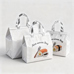 Bolsa de tela no tejida con estampado de sushi y asas plateadas, para entrega de comida, para llevar, para restaurantes de sushi, uso diario, diseño elegante. - Product Image 1