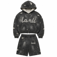 Ensemble sweat à capuche zippé et short délavé avec logo personnalisé, orné de strass, vêtements de créateur, ensemble graphique noir de haute qualité