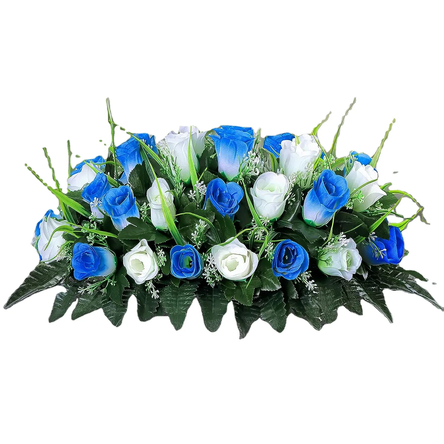 ดอกไม้สุสานเทียม-ตกแต่งกลางแจ้งหลุมฝังศพหินหัวเตียงดอกกุหลาบสีฟ้าและสีขาวที่ระลึกดอกไม้วันที่ระลึกสำหรับ gravesite