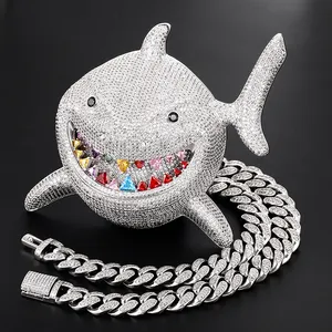 Ensemble de Bijoux à la mode, pendentif en forme de requin, plaqué or blanc, chaîne à maillons cubain, lot de Bijoux Hip Hop, livraison directe