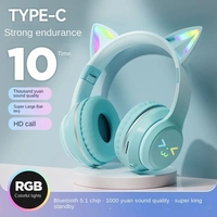 Casque de jeu sans fil Bluetooth pliable avec oreilles de chat mignonnes, microphone, suppression du bruit, couleur dégradée, chipset sportif