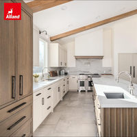 Armoire de cuisine murale design en bois massif Alland avec cuisinière intégrée au centre, organiseurs et rangements de cuisine, nouveau design