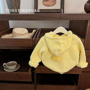 Tongxingyuan <b>Girls</b> Yellow Hooded Knitted <b>Cardigan</b> Thickening With Pom Poms Single Breasted Coat Outwear - Product Image 1