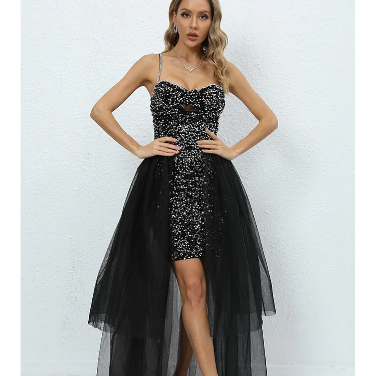 New detachable mesh sexy halter dress big hem sequin evening dress