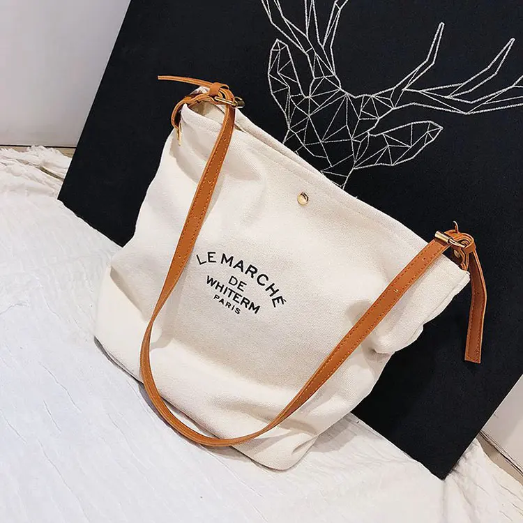 Diseño de moda de alta calidad logotipo personalizado color algodón lona Tote bolsos de hombro con asas de cuero marrón