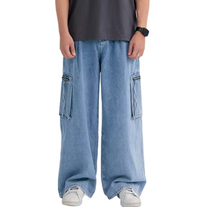 กางเกงยีนส์ทรงหลวมสำหรับผู้ชายกางเกงคาร์โก้ผ้าฝ้ายแบบมีกระเป๋า2ช่องงานตามสั่งจากโรงงาน - Product Image 1