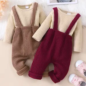 Spring Fall Baby Boy Clothing Baby Girl Clothes 2 Pcs Sets Solid Long Sleeve Bodysuits+suspender Pants New Toddler Rompers 0-24M
