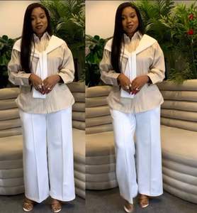 热卖夏季休闲条纹印花衬衫套装<span class=keywords><strong>2</strong></span>件套女式长袖上衣衬衫 - Product Image 2